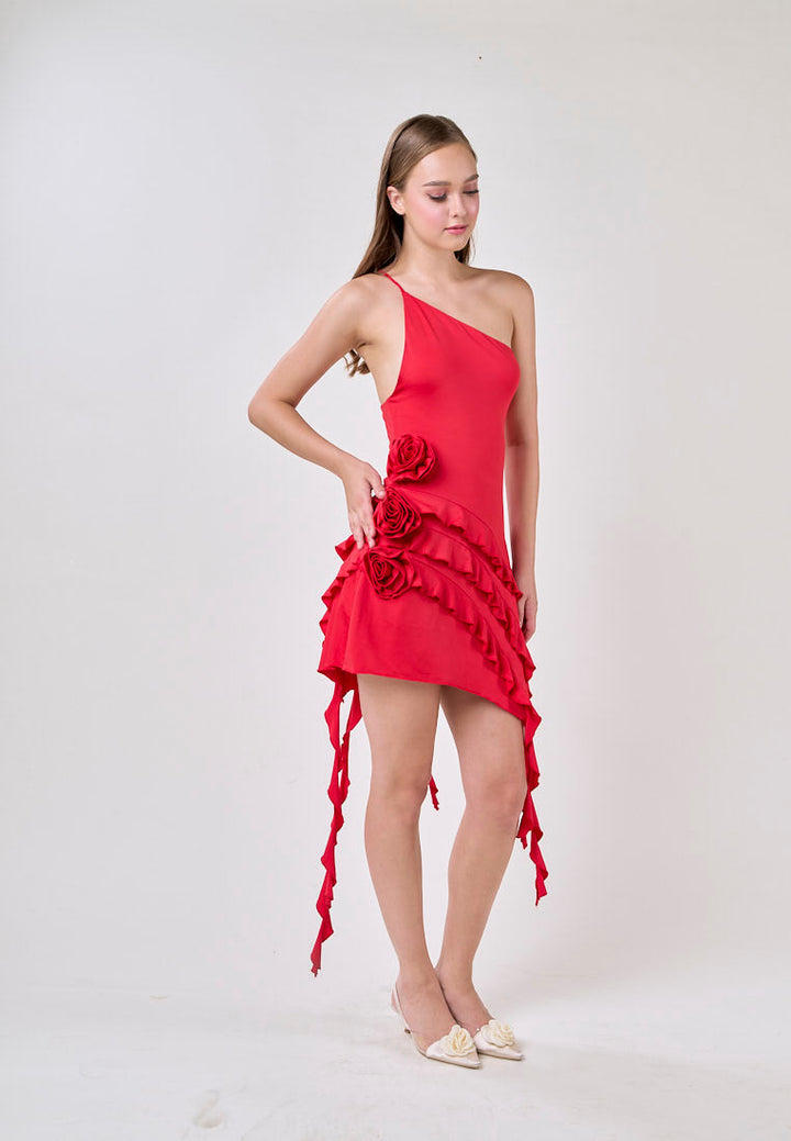 Zahra Red Asymmetrical Ruffled Fringe  Mini Dress