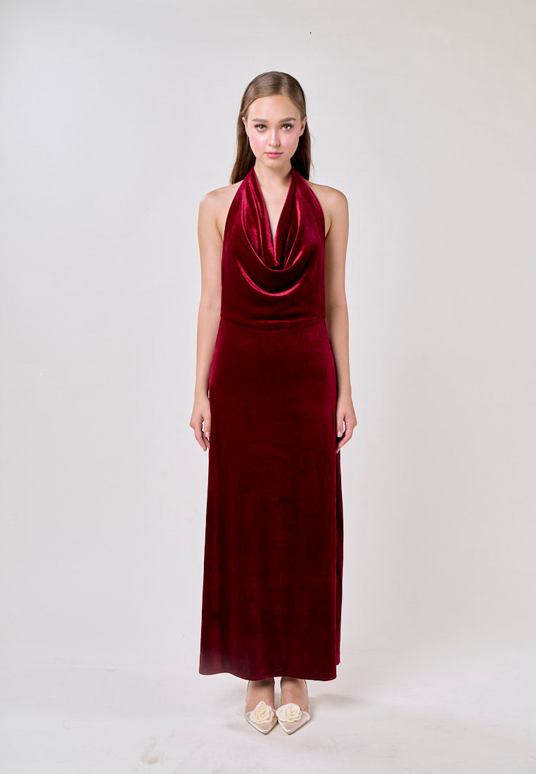 Kelsea Burgandy Velvet Halter Neck Midi Dress