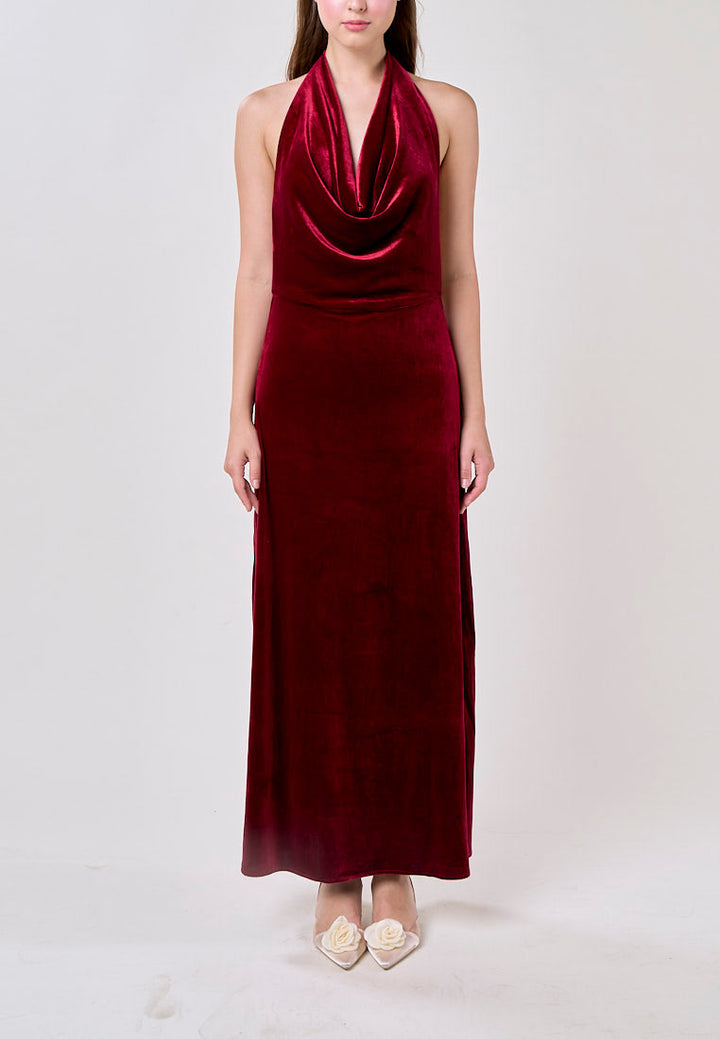 Kelsea Burgandy Velvet Halter Neck Midi Dress