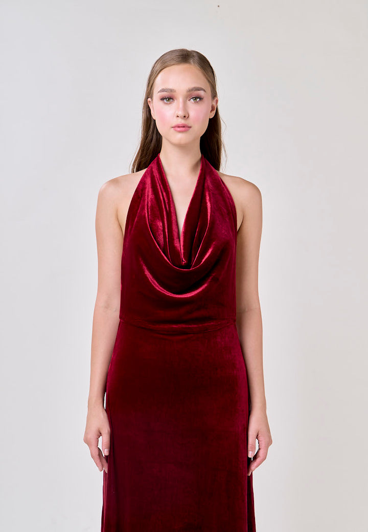 Kelsea Burgandy Velvet Halter Neck Midi Dress