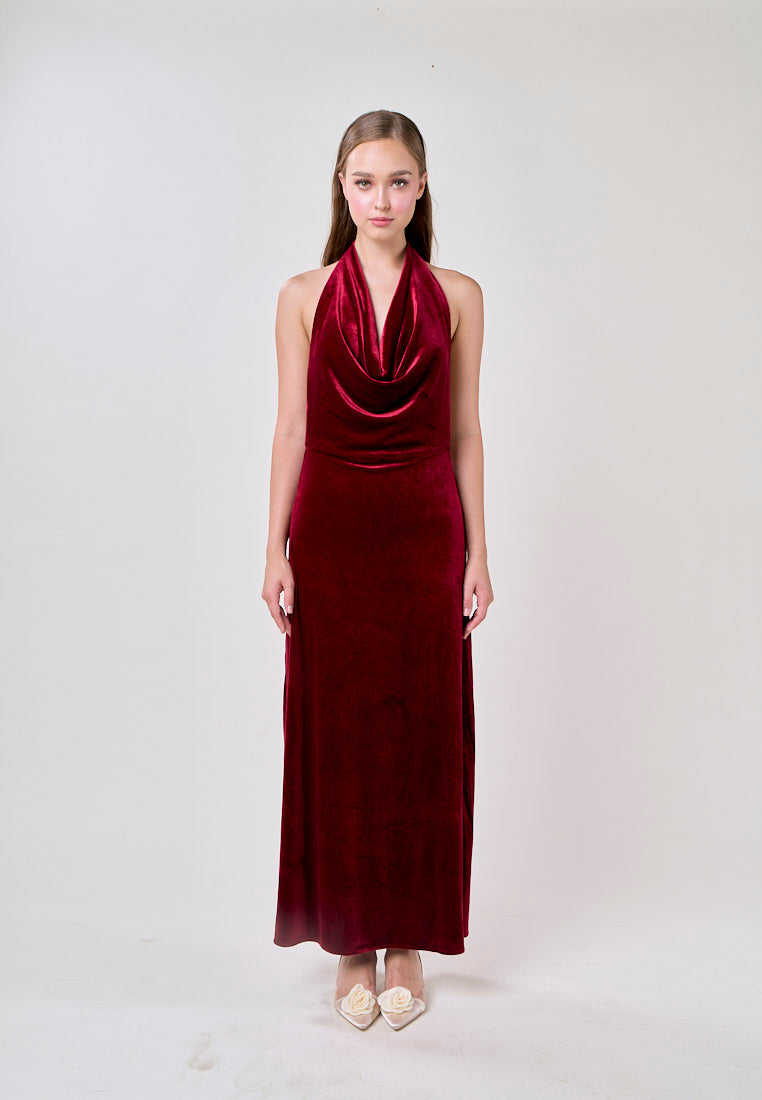 Kelsea Burgandy Velvet Halter Neck Midi Dress
