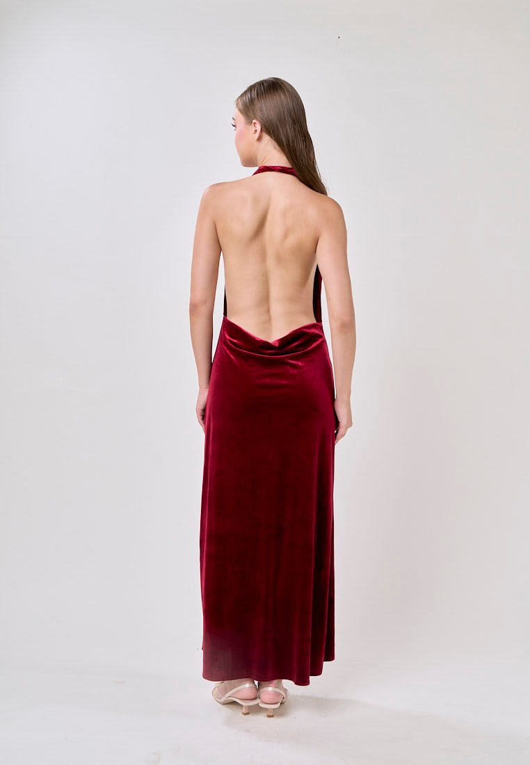 Kelsea Burgandy Velvet Halter Neck Midi Dress