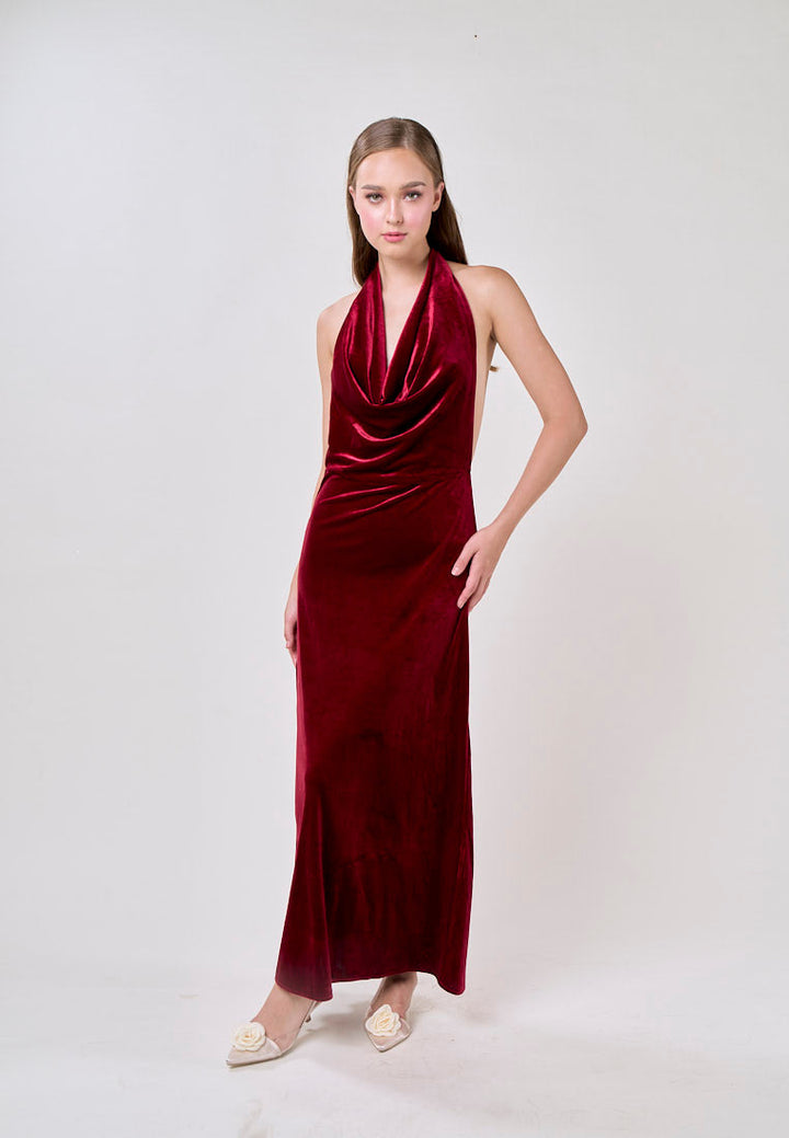 Kelsea Burgandy Velvet Halter Neck Midi Dress