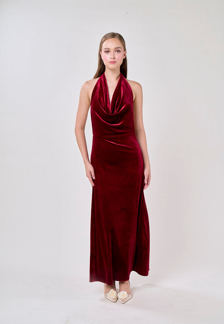 Kelsea Burgandy Velvet Halter Neck Midi Dress