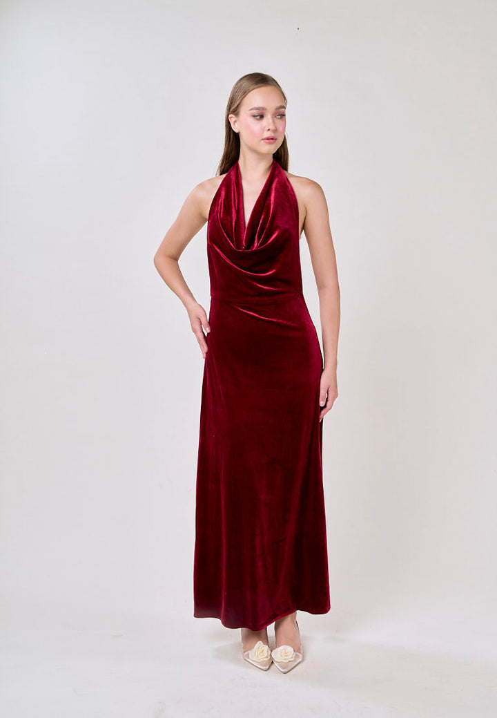 Kelsea Burgandy Velvet Halter Neck Midi Dress