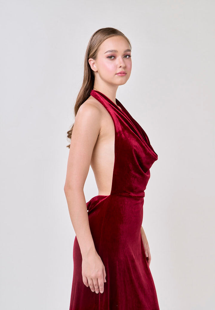 Kelsea Burgandy Velvet Halter Neck Midi Dress