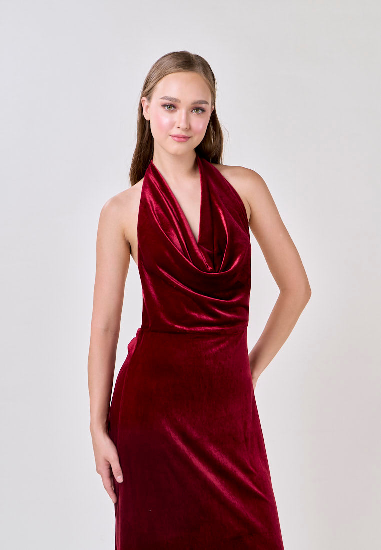 Kelsea Burgandy Velvet Halter Neck Midi Dress