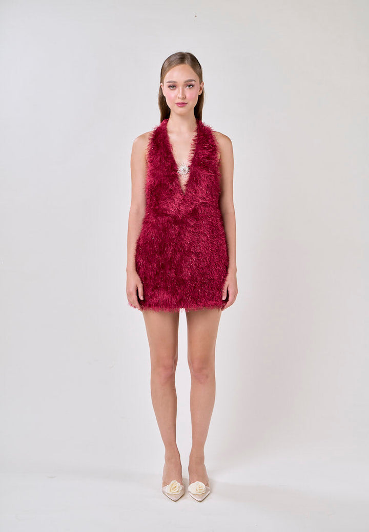Salomi Red V-Neck Halter Fur Mini Dress