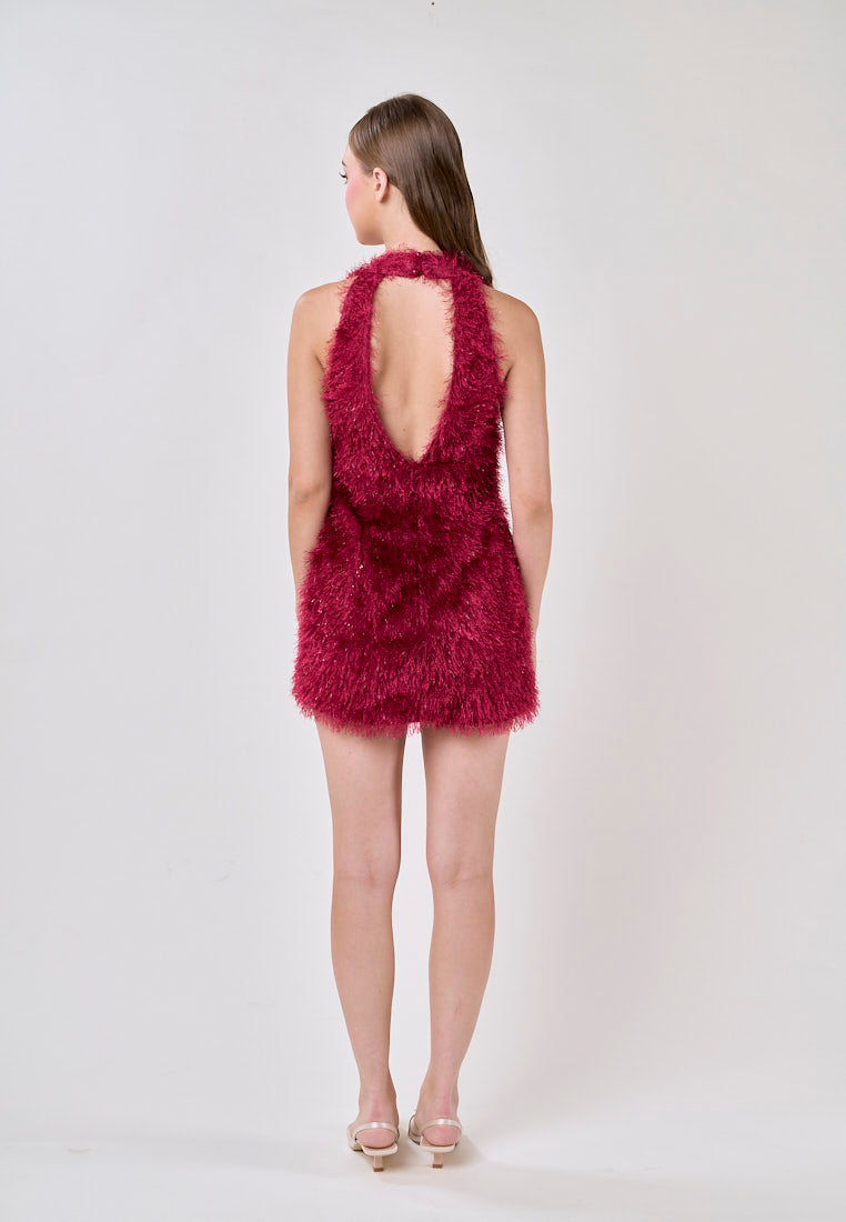 Salomi Red V-Neck Halter Fur Mini Dress