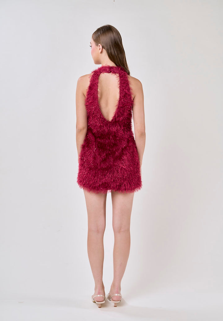 Salomi Red V-Neck Halter Fur Mini Dress