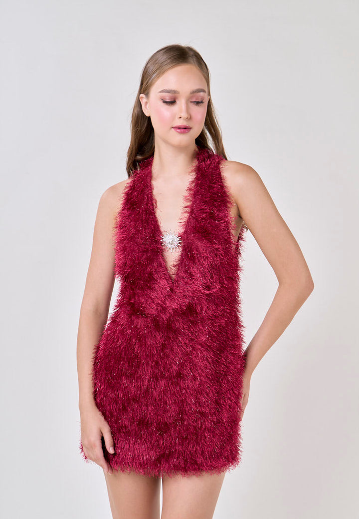 Salomi Red V-Neck Halter Fur Mini Dress