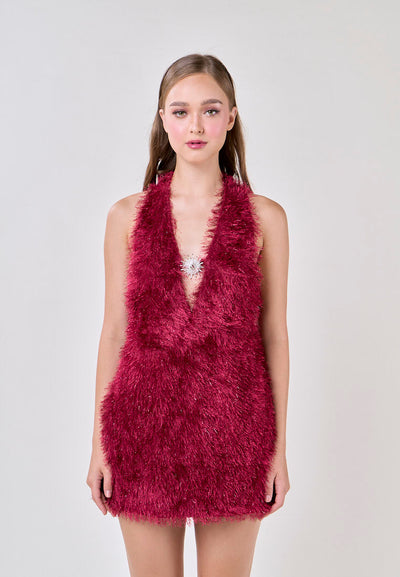 Salomi Red V-Neck Halter Fur Mini Dress