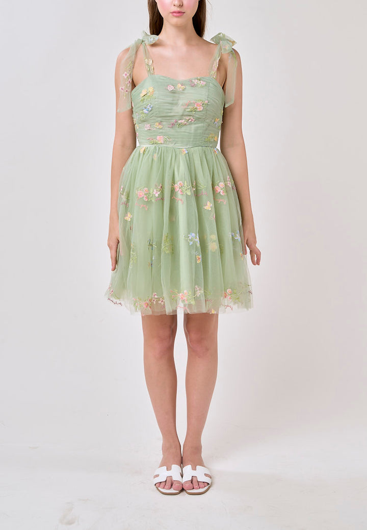Reveka Matcha Beaded Floral Embroided Evening Mini Dress
