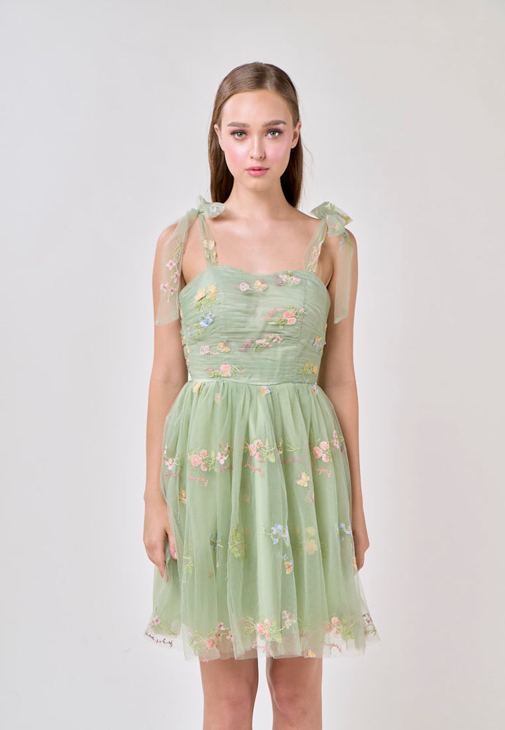 Reveka Matcha Beaded Floral Embroided Evening Mini Dress