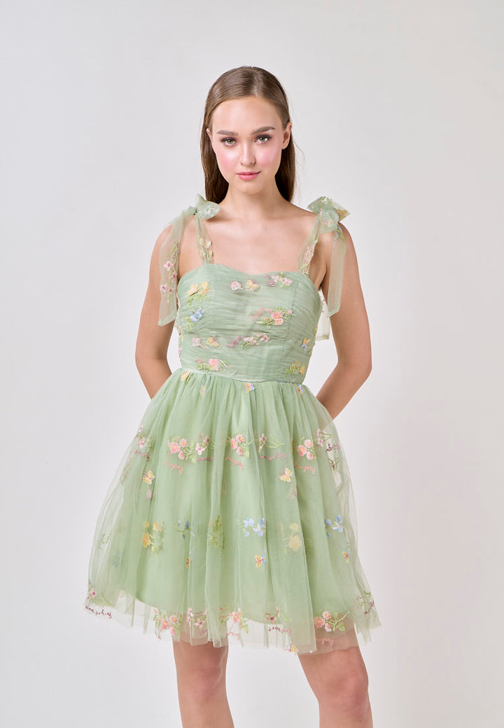 Reveka Matcha Beaded Floral Embroided Evening Mini Dress
