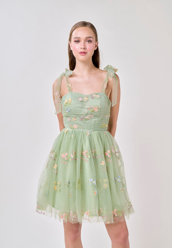 Reveka Matcha Beaded Floral Embroided Evening Mini Dress