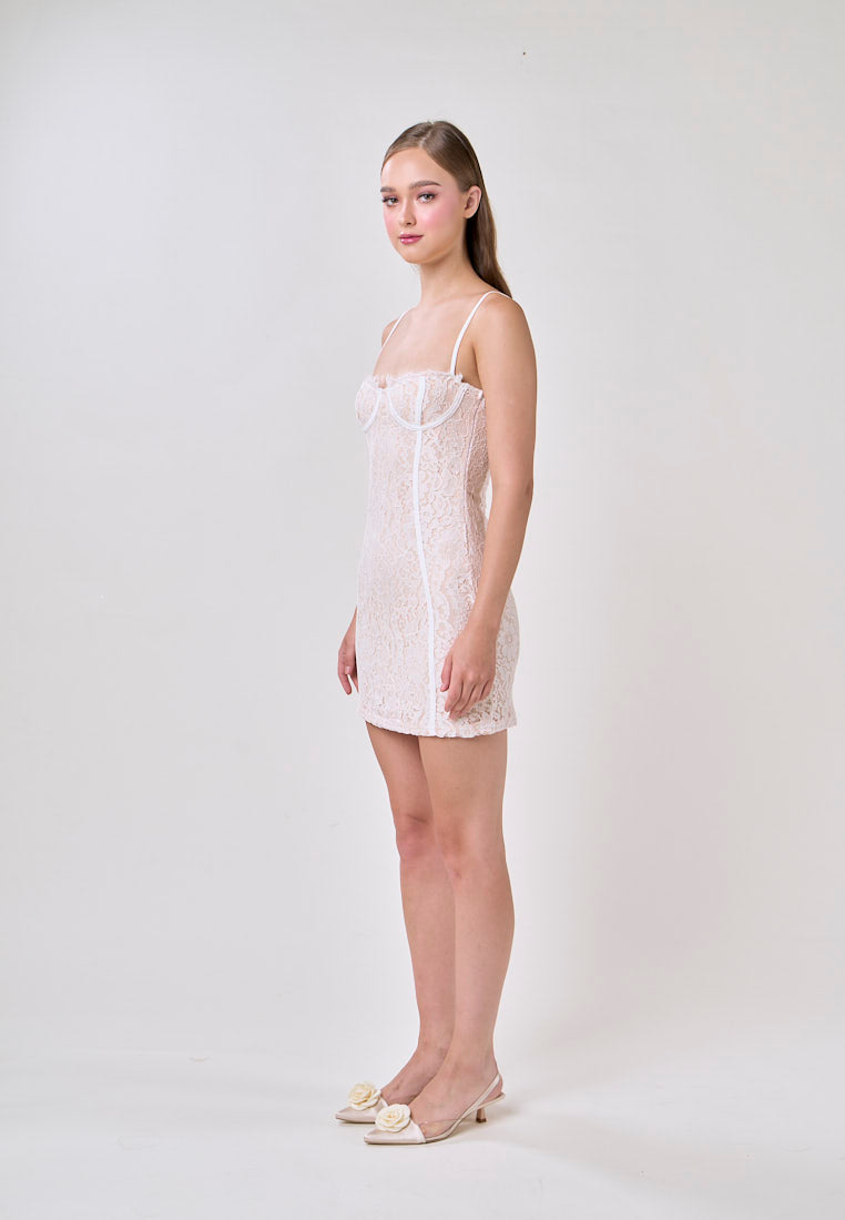 Julane White Sweatheart Neck Lace Trim Sleeveless Bodycon Mini Dress