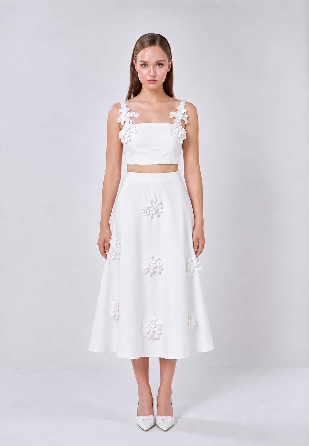 Jayce White Spaghetti Strap Camisole Top With 3D Flower Midi Skirt Set