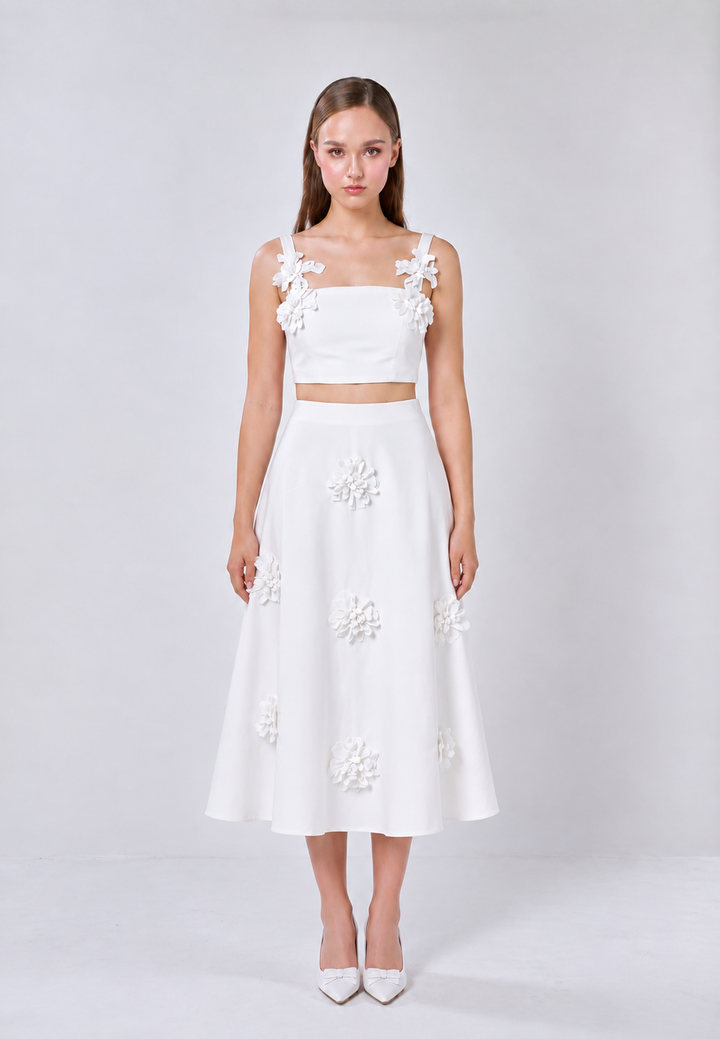 Jayce White Spaghetti Strap Camisole Top With 3D Flower Midi Skirt Set