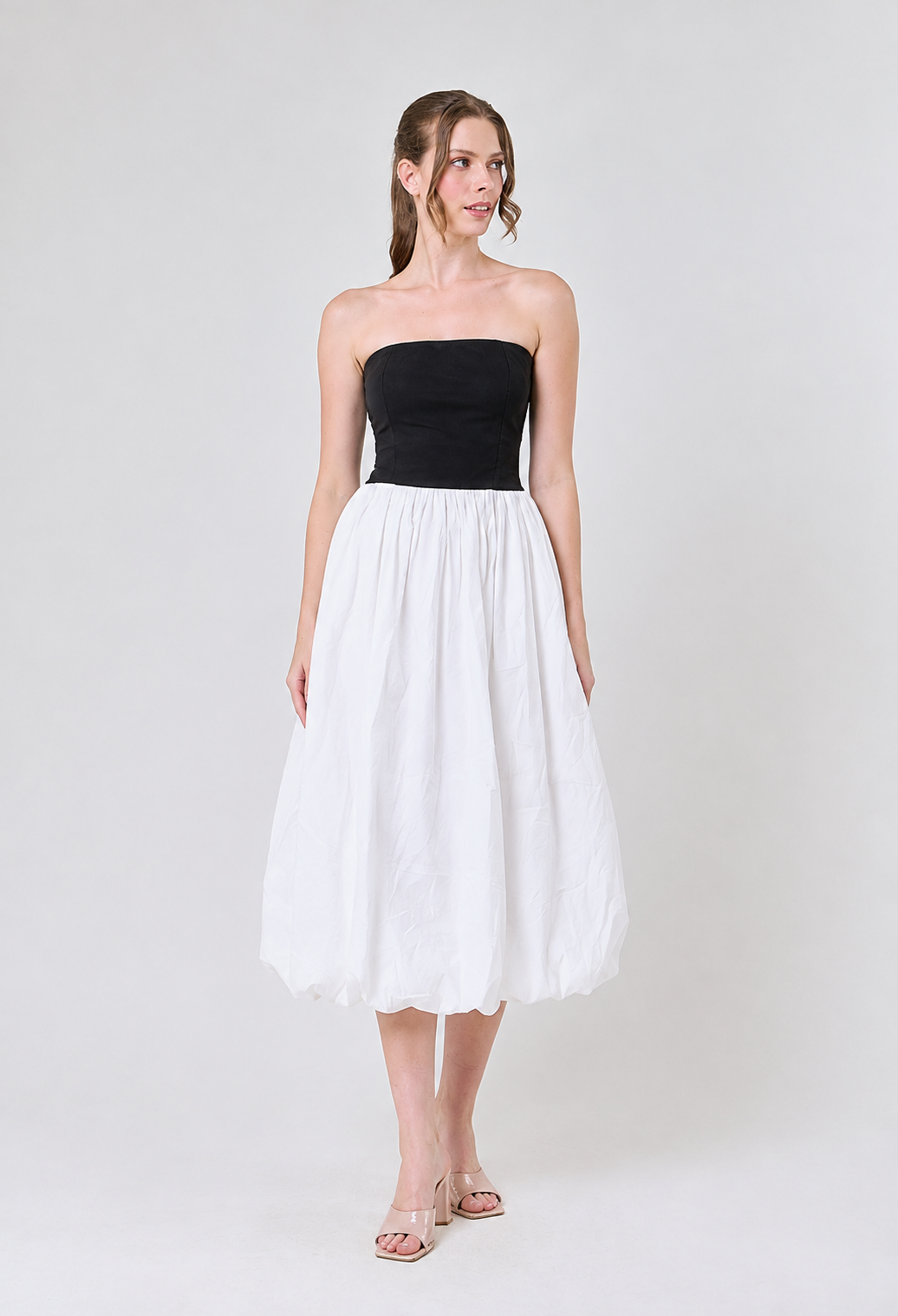Emilia Black And White Patchwork Design Baloon Midi Dress