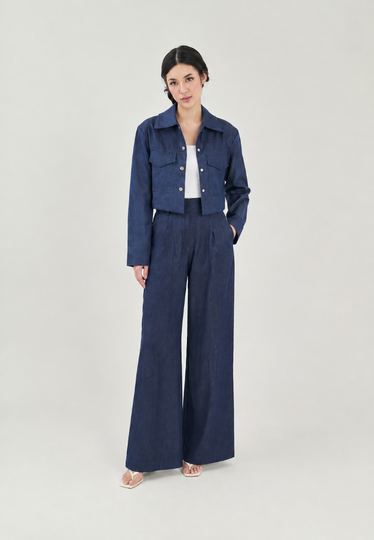 Ryland Blue Zipper Fly Pleated Wide Leg Trouser