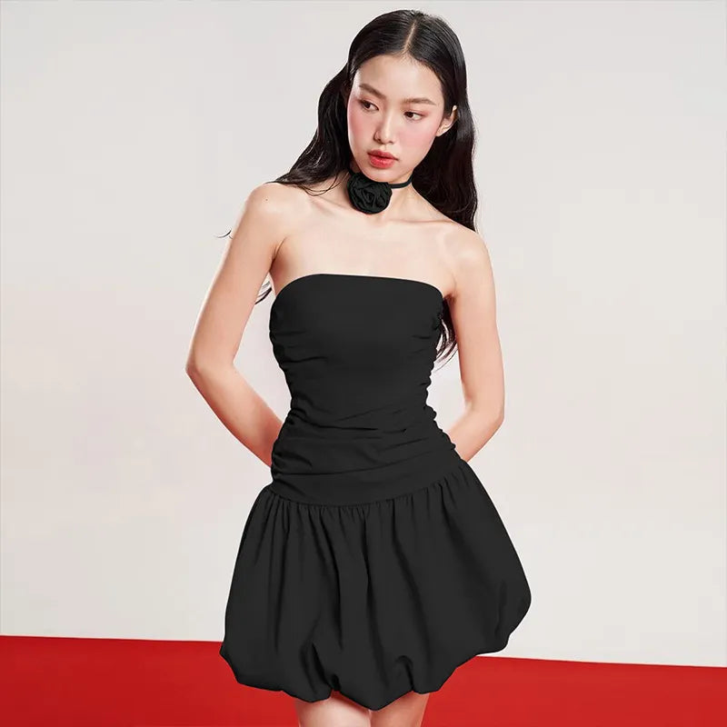 Levi Black Tube With Neck Flower Applique  Ruched Bubble Mini Dress