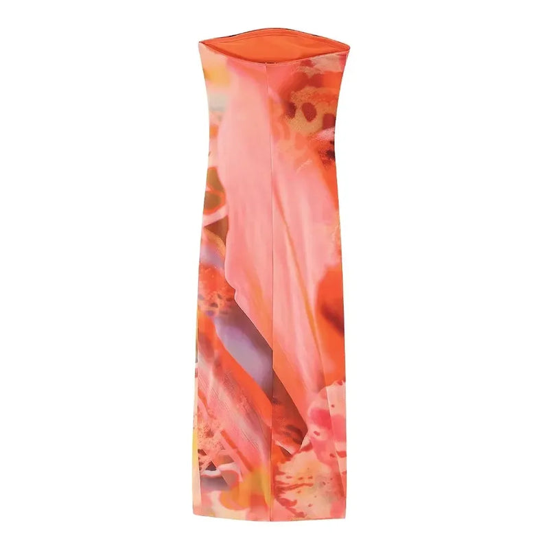 Leilana Orange Abstrat Print Mesh Pleated Sides Back Zipper Tube Midi Dress