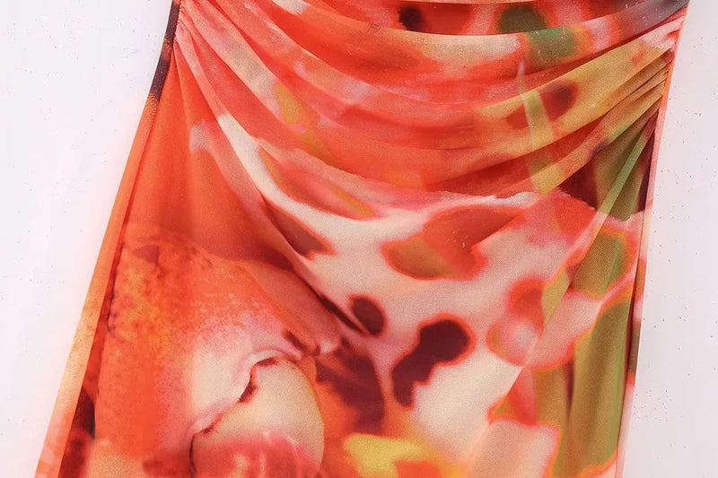 Leilana Orange Abstrat Print Mesh Pleated Sides Back Zipper Tube Midi Dress