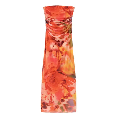 Leilana Orange Abstrat Print Mesh Pleated Sides Back Zipper Tube Midi Dress