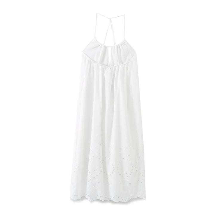 Leoria White Eyelet Halter Self Tie Strap Sexy Back Midi Dress