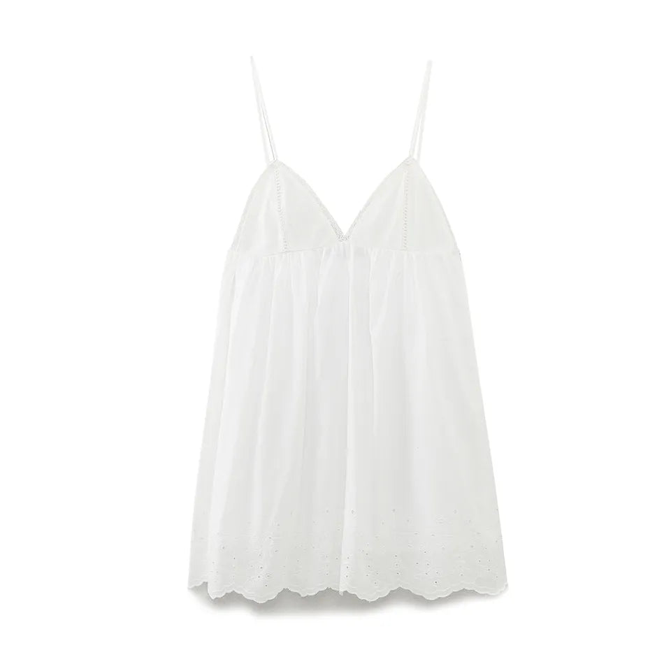 Lindee White Eyelet V Neckline Spaghetti Strap Mini Dress