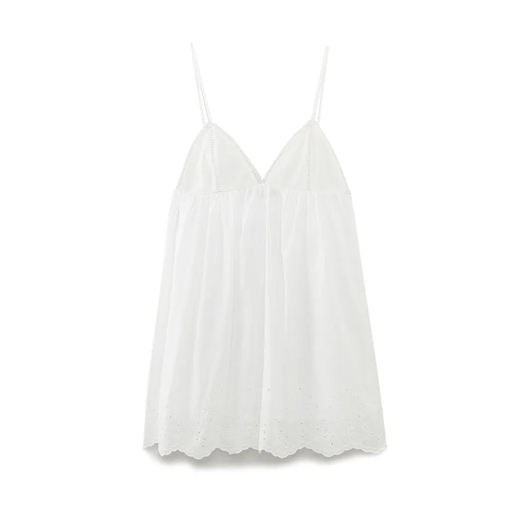 Lindee White Eyelet V Neckline Spaghetti Strap Mini Dress