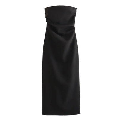 Liora Black Ruched Sides Back Slit Tube Midi Dress