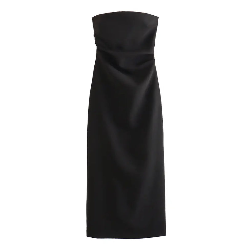 Liora Black Ruched Sides Back Slit Tube Midi Dress