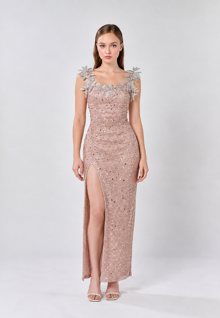 Londyn Peach Off Shoulder Sequins Long Slit Maxi Dress