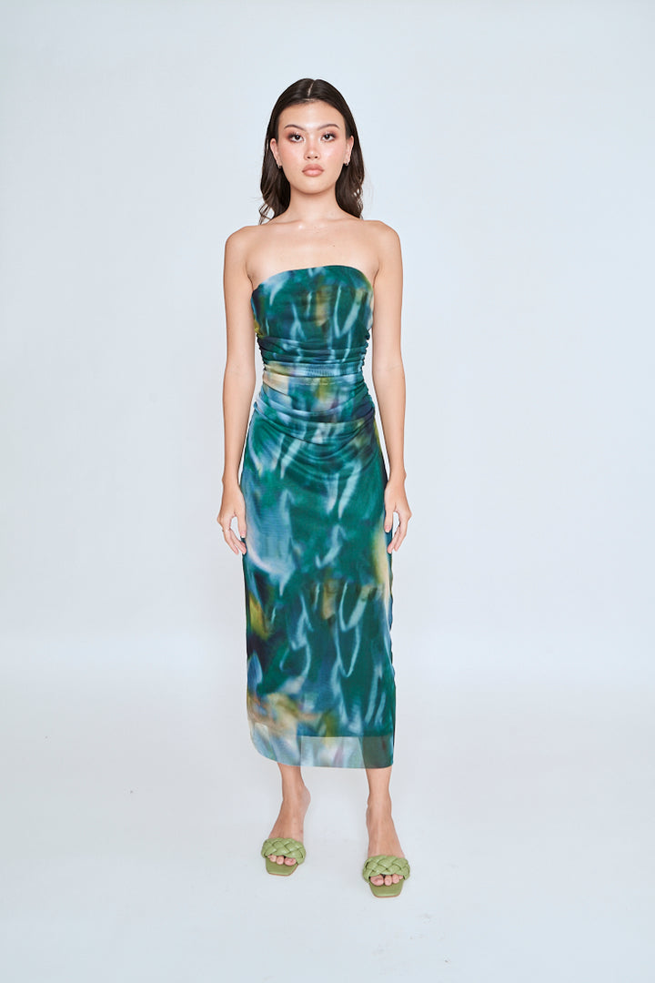 Kamyle Green With Blue Abstract Print Mesh Ruched Sides Tube Midi Dress