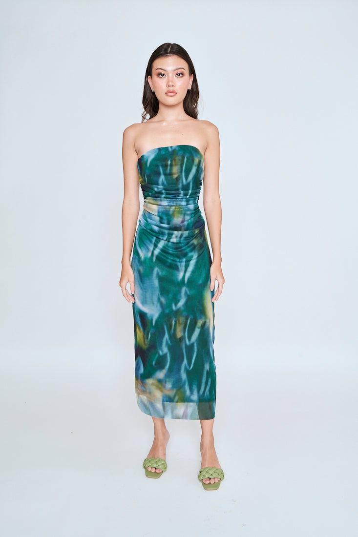 Kamyle Green With Blue Abstrat Print Mesh Ruched Sides Tube Midi Dress