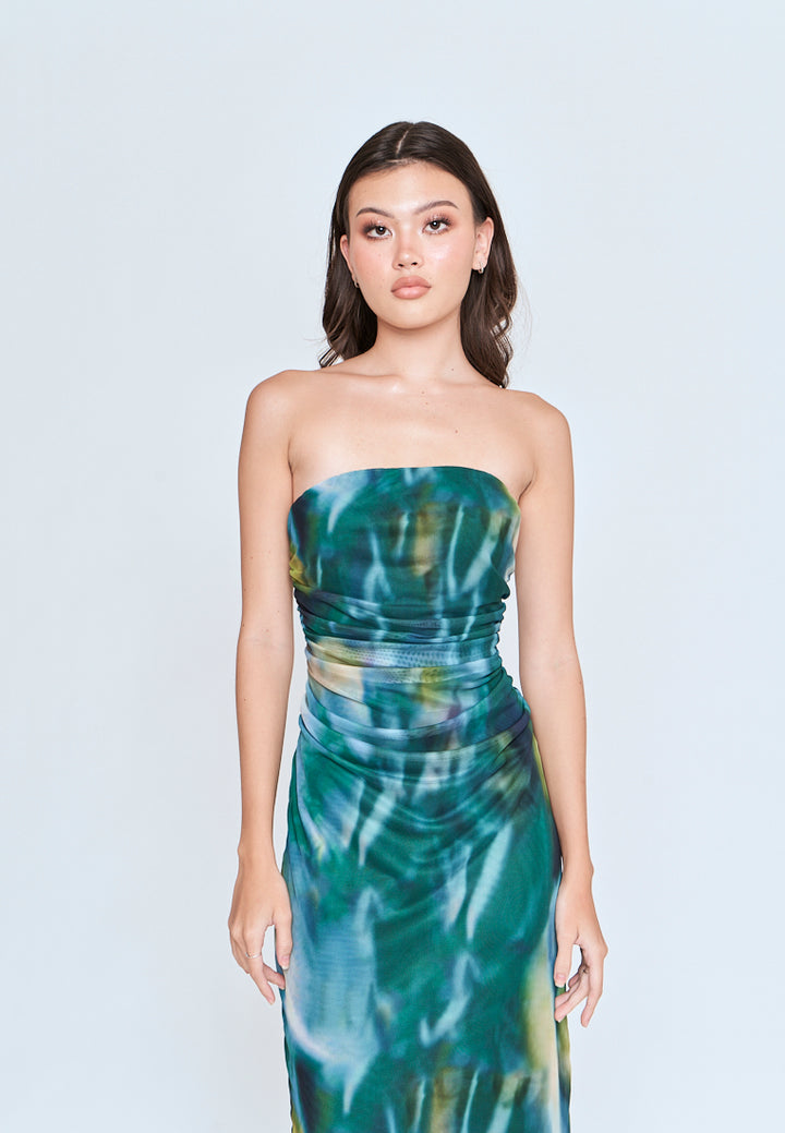 Kamyle Green With Blue Abstract Print Mesh Ruched Sides Tube Midi Dress