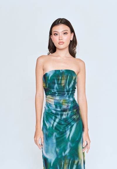 Kamyle Green With Blue Abstrat Print Mesh Ruched Sides Tube Midi Dress