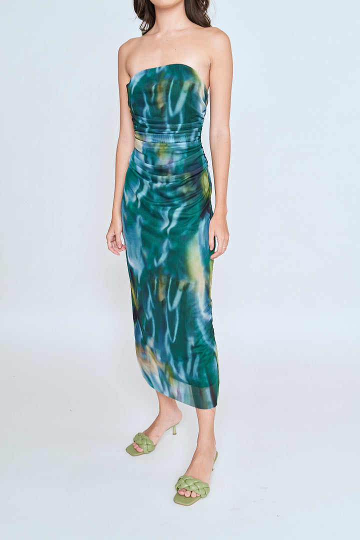 Kamyle Green With Blue Abstract Print Mesh Ruched Sides Tube Midi Dress