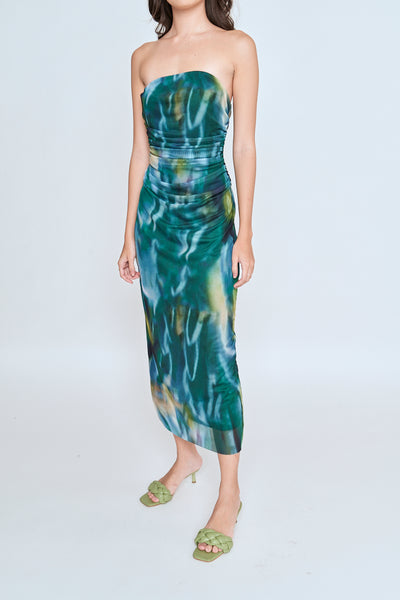 Kamyle Green With Blue Abstrat Print Mesh Ruched Sides Tube Midi Dress