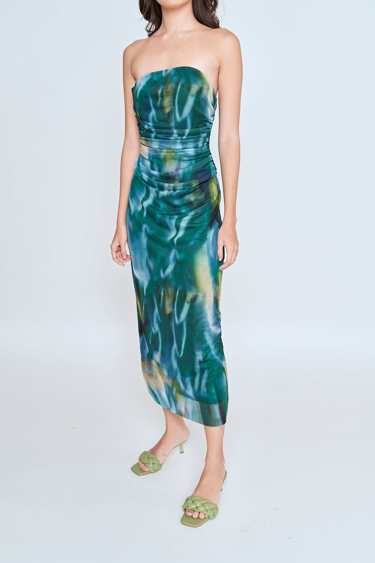Kamyle Green With Blue Abstrat Print Mesh Ruched Sides Tube Midi Dress