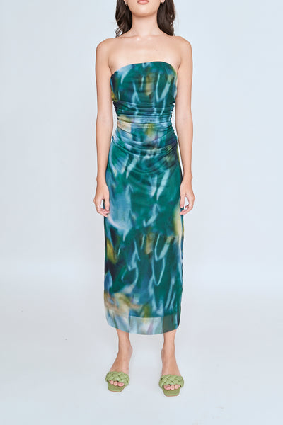 Kamyle Green With Blue Abstrat Print Mesh Ruched Sides Tube Midi Dress