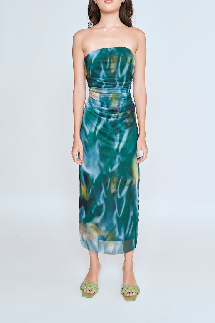 Kamyle Green With Blue Abstrat Print Mesh Ruched Sides Tube Midi Dress