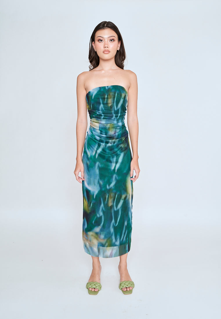 Kamyle Green With Blue Abstrat Print Mesh Ruched Sides Tube Midi Dress