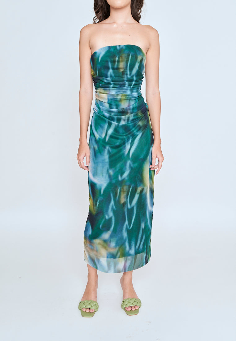Kamyle Green With Blue Abstrat Print Mesh Ruched Sides Tube Midi Dress