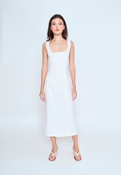 Odeya White Square Neckline Straight Cut Back Slit Sleeveless Midi Dress