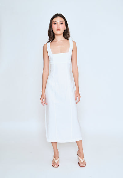 Odeya White Square Neckline Straight Cut Back Slit Sleeveless Midi Dress