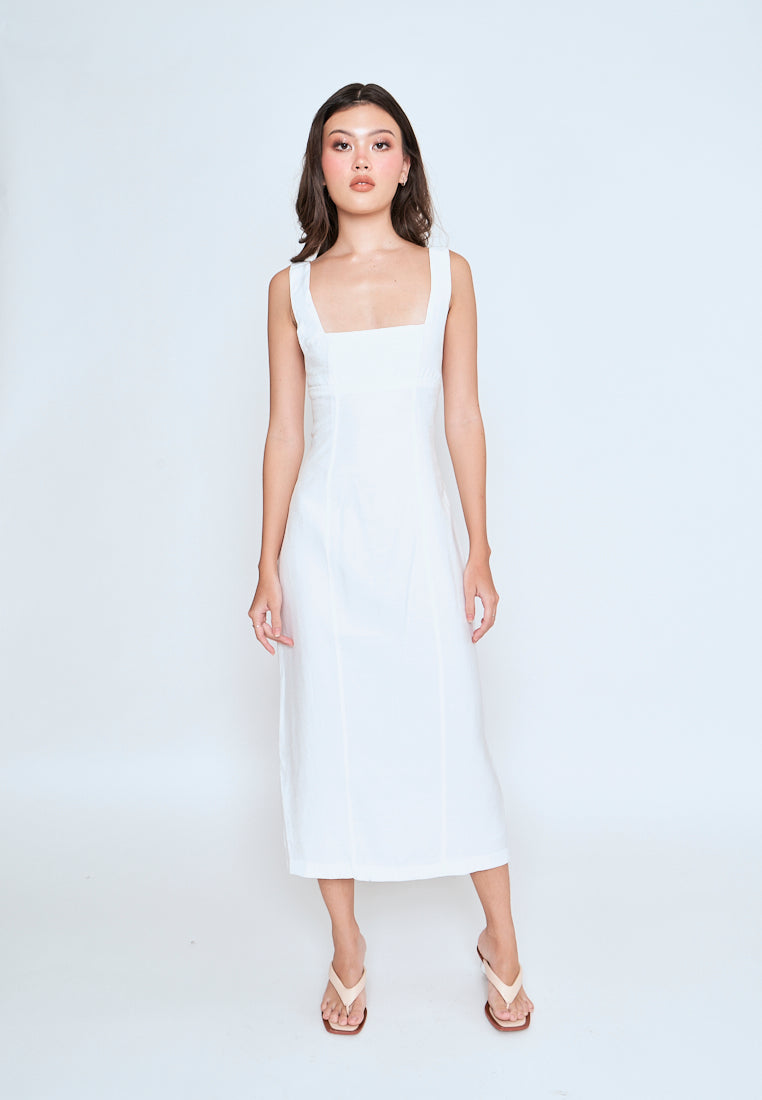 Odeya White Square Neckline Straight Cut Back Slit Sleeveless Midi Dress