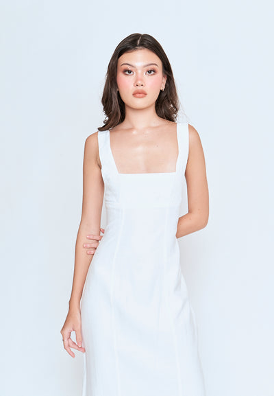 Odeya White Square Neckline Straight Cut Back Slit Sleeveless Midi Dress